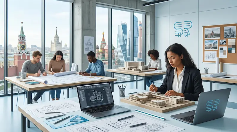 طلاب الهندسة المعمارية يعملون على مشروع تصميم في روسيا