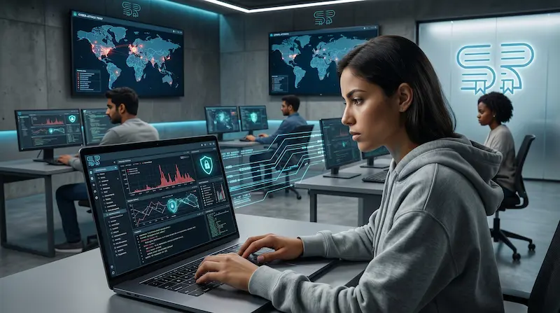 طالب أمن المعلومات يعمل على حاسوب في مختبر جامعي في روسيا