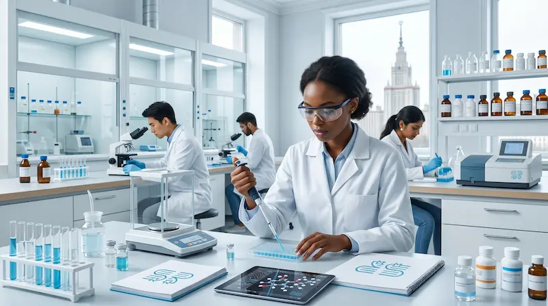 طلاب الصيدلة في مختبر جامعي في روسيا