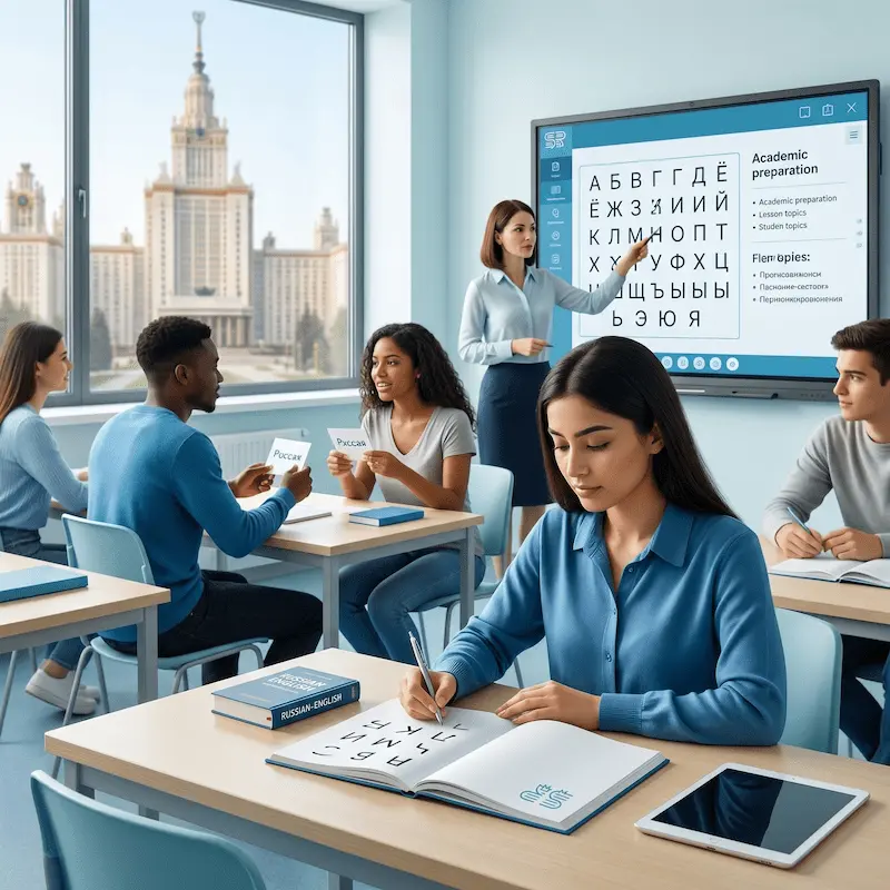 طلاب أجانب وعرب يدرسون في السنة التحضيرية في روسيا داخل قاعة جامعية