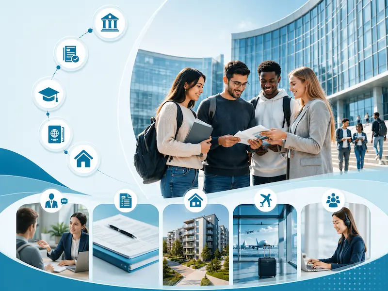 تصميم حديث يعبر عن خدمات الدراسة في روسيا للطلاب الدوليين مع أيقونات القبول الجامعي والسكن والاستشارة والتأشيرة